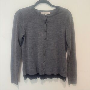 LOFT Ann Taylor Gray Knit Cardigan Sweater Black Lace Detail Size Medium